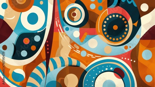 a close up of a painting of circles and circles on a brown and blue background with red, white, orange, and blue colors. photo