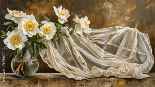 a painting of white flowers in a vase with a white drape on the side of the vase and a gold vase with white flowers in it. photo
