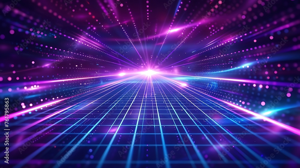 Fototapeta premium Retro Sci-Fi Background Futuristic landscape of the 80s. Digital Cyber Surface. Suitable for design in the style of the 1980`s. Retro 80’S Futuristic line background - Generative AI