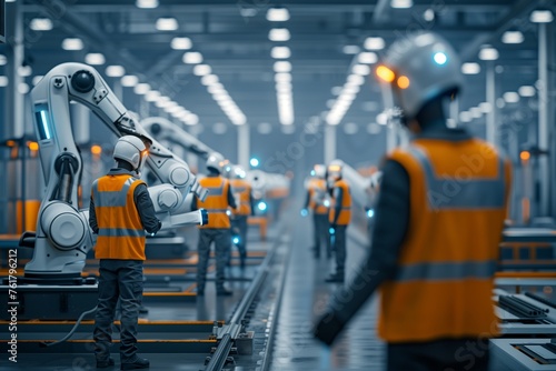 Industrial Workers Equipped with Safety Gear Operating Advanced Machinery in a Well-Lit Facility – Focus on a group of workers in a high-tech manufacturing setting.