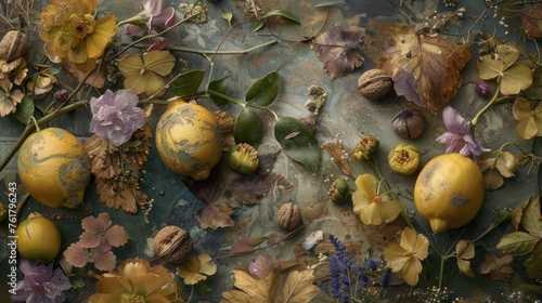 a close up of a bunch of fruit and flowers on a surface with leaves, flowers, and acorns. photo