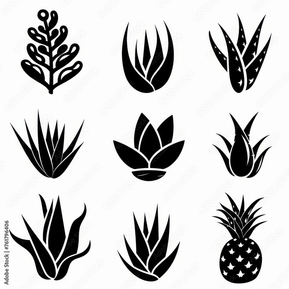 Aloe Vera Pot Plant Icon Set, Aloe Plant Black White Design, Abstract Aloe Symbol, Simple Pot Flowers Isolated