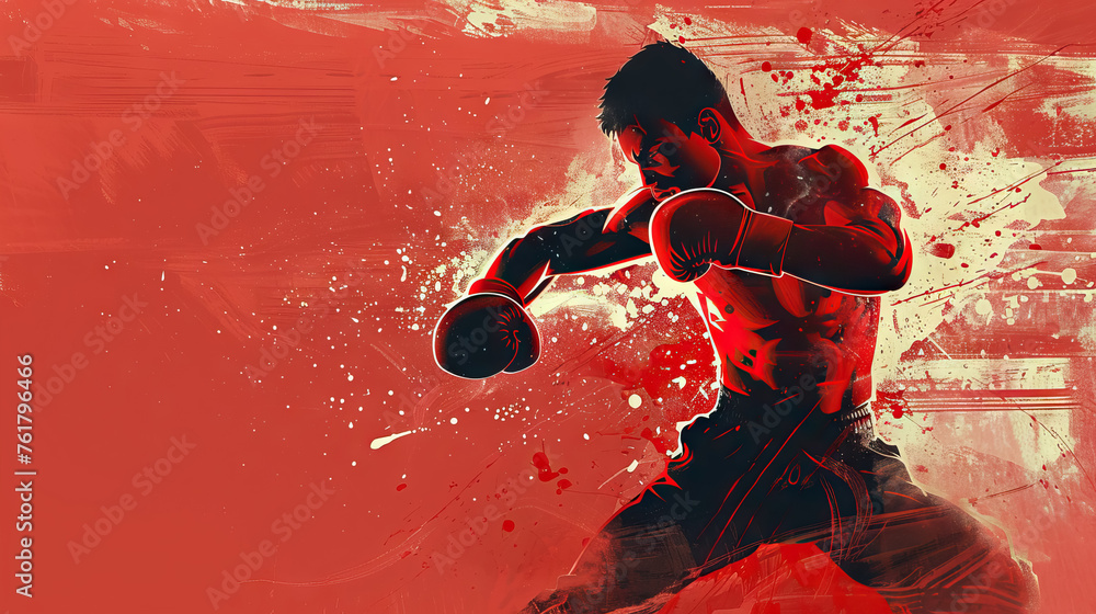 Fototapeta premium kickboxing fighter against red background in grunge style with copy space.