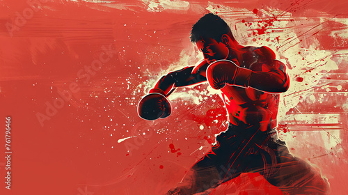 kickboxing fighter against red background in grunge style with copy space. photo