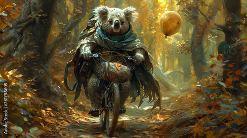  a painting of a koala riding a bike in a forest with a ball in the air above its head.