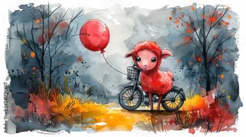  a watercolor painting of a sheep riding a bike with a red balloon attached to the back of the bike.
