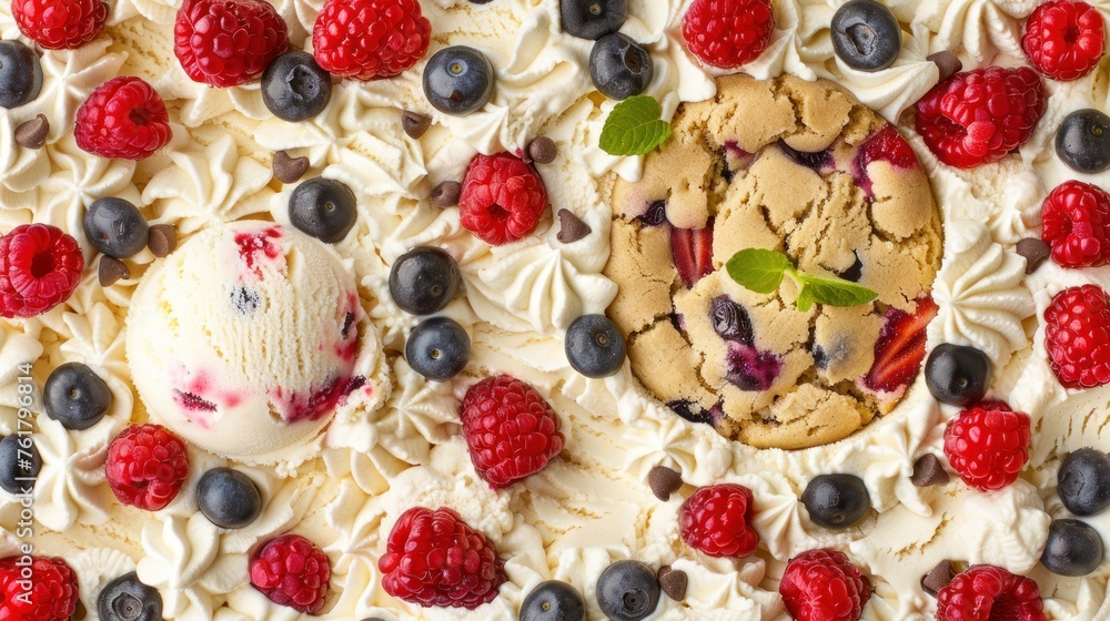 a dessert with berries, blueberries, and a cookie on top of a sheet of white frosting on a table. a dessert with berries, blueberries, and a cookie on top of a sheet of white frosting on a table.