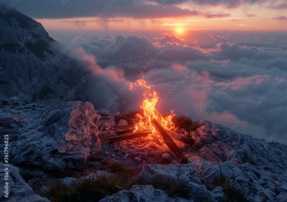 Campfire burning amidst mountain clouds - Warm campfire set against a serene cloud-covered mountain range at sunset, symbolizing comfort and survival