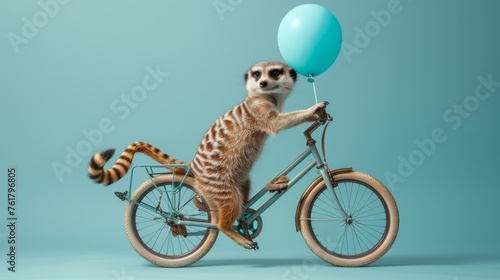  a meerkat riding a bike with a blue balloon attached to it's handlebars in front of a blue background.