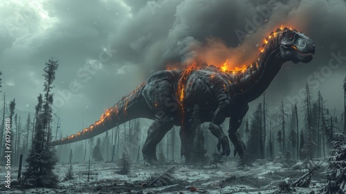 Burning dinosaur in an apocalyptic setting - A fiery dinosaur striding through a dark apocalyptic landscape evokes a dramatic prehistoric scene © Tida