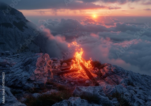 Campfire burning amidst mountain clouds - Warm campfire set against a serene cloud-covered mountain range at sunset, symbolizing comfort and survival