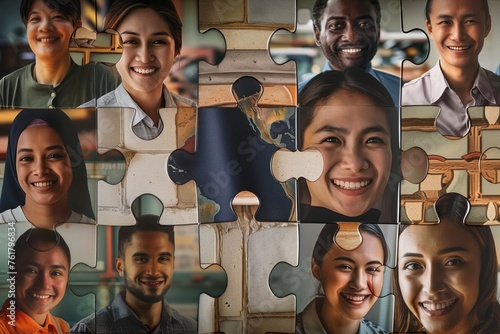 The Spirit of International Labour Day: A Collage of Smiling Faces from Around the World – Create a montage within a piece of a jigsaw puzzle that fits together to form one united image. © MuhammadFahad