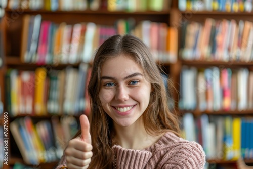 Student Girl Showing Thumbs Up, Young Woman in Library with Positive Gesture, Generative AI Illustration