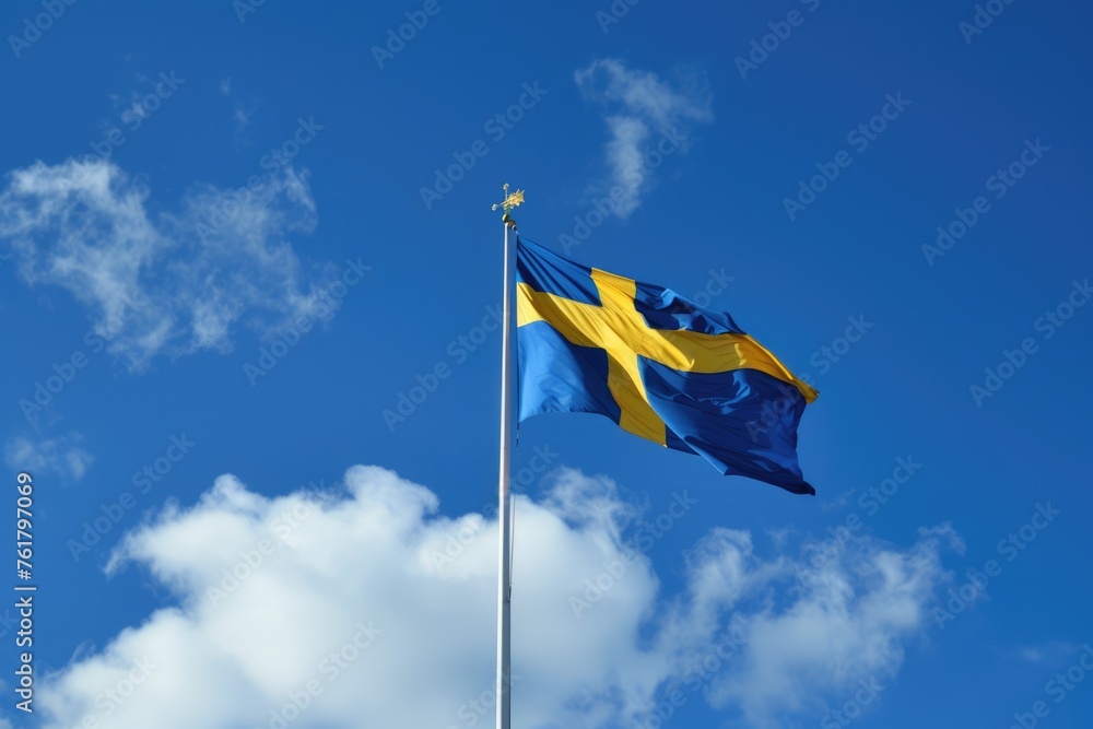 Swedish Flag on Blue Summer Sky. Patriotic Symbol of Sweden, European Union Nation with Blue Sky and Cloud Swedish Flag on Blue Summer Sky. Patriotic Symbol of Sweden, European Union Nation with Blue Sky and Cloud