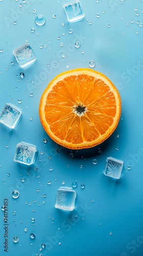 Flat lay composition with orange cut in half and melting ice cubes on a blue background.