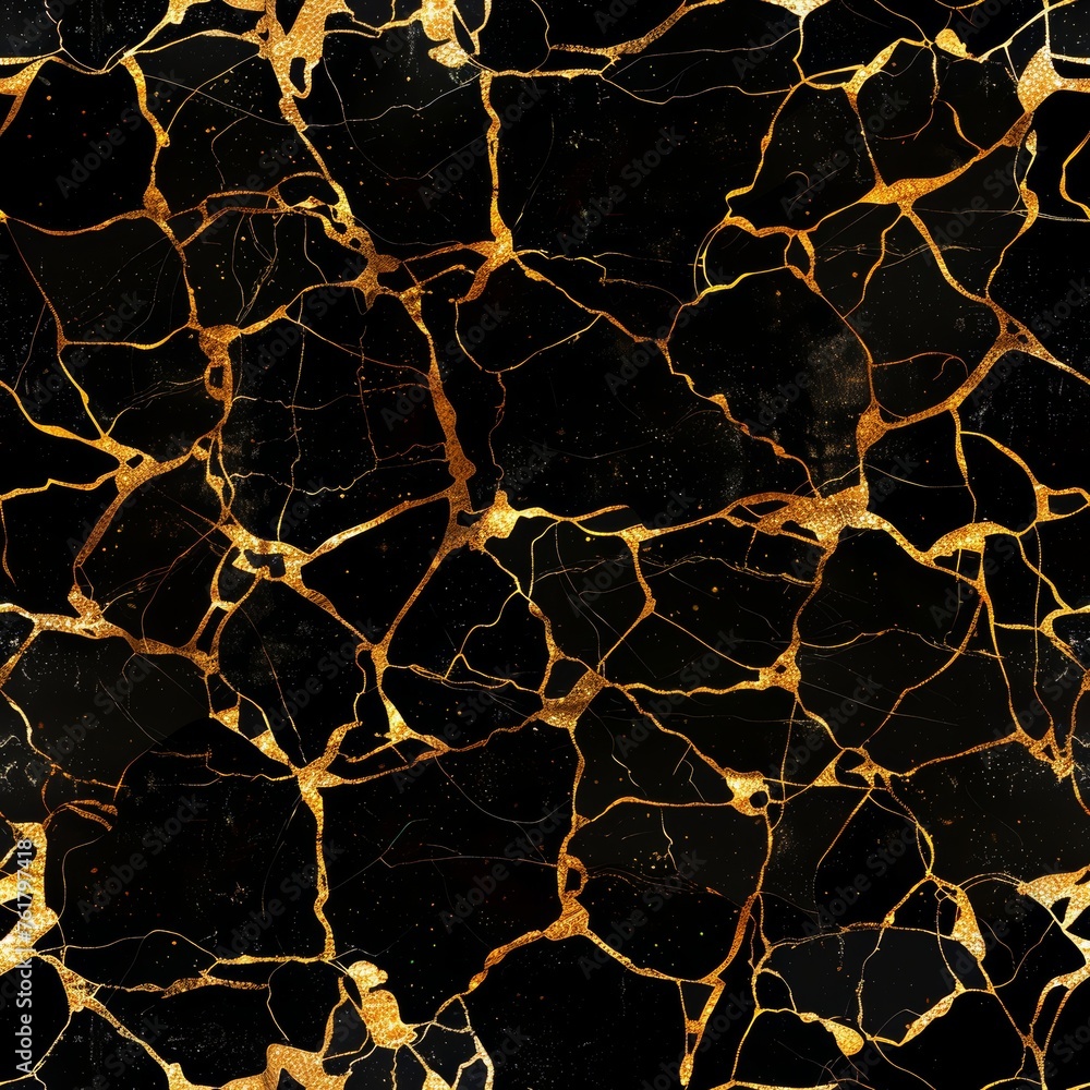 Gold Black Seamless Pattern, Golden Luxury Kintsugi Texture Tile, Vantablack with Gold Metal Endless Pattern