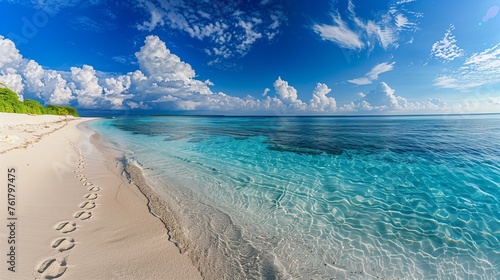 Tranquil Tropical Beach Panorama: A Wide-Angle View Showcasing Sky at the Horizon, with Delicate Footprints on the Untouched Peaceful, Secluded Cove.