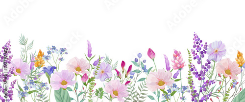 Blooming botanical flowers border frame. Pink  purple  blue and  orange wild flower on white background.Colorful garden. vector illustration.