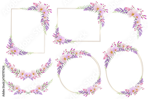 Botanical frame, border and laurel set. Pink and purple wild flower on white background.  Gold line circle, square , oval and rectangle with plant wreath. Vector illustration.
