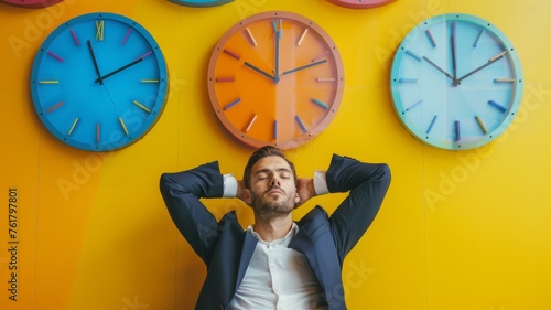 Man relaxing with clocks in colorful room - A relaxed man sitting backwards on a chair in a colorful room with multiple clocks, depicting time concept and rest photo