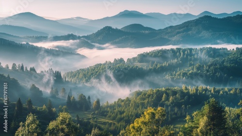 Misty mountain landscape at sunrise - Early morning mist drifts among forested mountains as the sunrise bathes the landscape in a warm, golden light, evoking tranquility