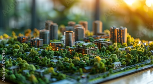 Miniature city model with buildings, skyscrapers, and trees on display table