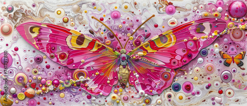 a painting of a pink butterfly with lots of bubbles on it's wings and a beaded necklace around its neck. photo