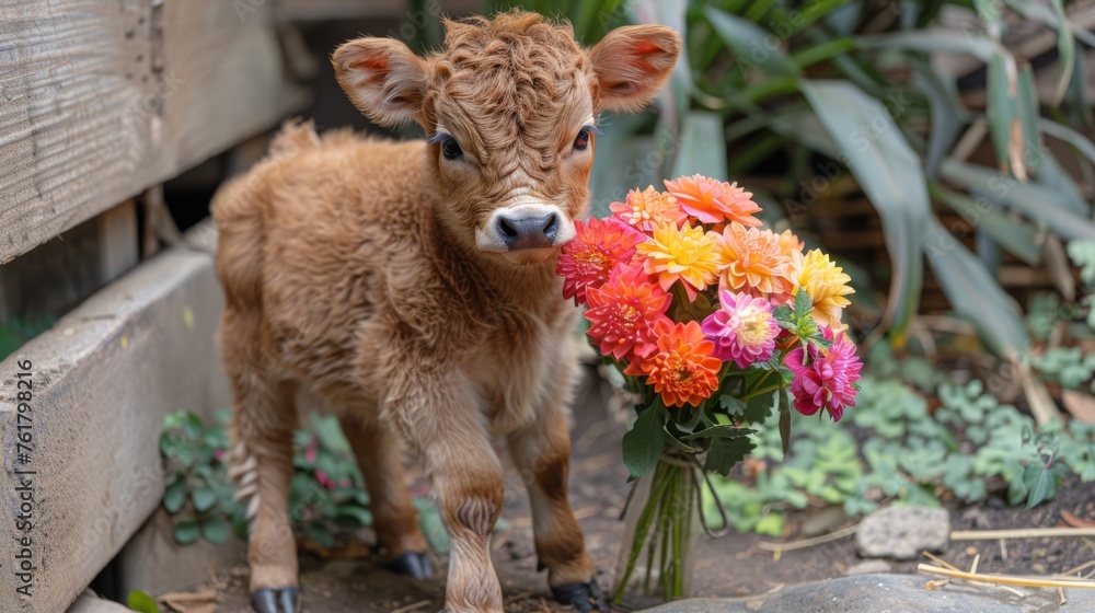 Fototapeta premium a baby calf standing next to a bunch of flowers on the ground and looking at the camera with a curious look on its face.