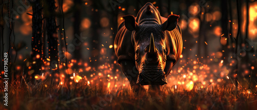 a rhinoceros standing in the middle of a forest with fire coming out of it's back end. photo