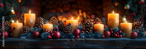 Christmas decoration with candles on the fireplace, Illuminated christmas light garland on a fireplace