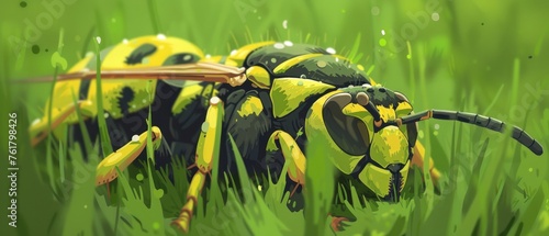 a yellow and black insect sitting on top of a lush green grass covered field with drops of water on it's wings.