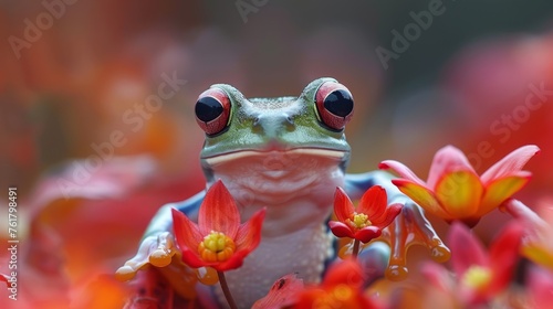  a close up of a frog with red eyes and a flower in the foreground with a blurry background of red and yellow flowers in the foreground.