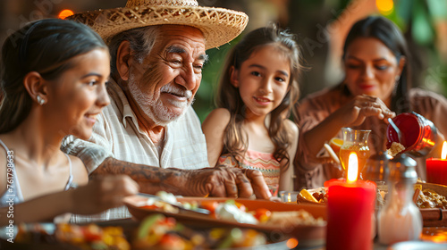 Portrait of happy family having dinner together at home and eating traditional mexican food. Cinco De Mayo, national holiday of mexico photo