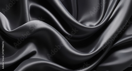 Abstract horizontal background. Black silk fabric, curves of fabric. AI generative.