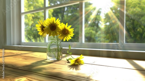 a vase of sunflowers sitting on a wooden table in front of a window with the sun shining through.