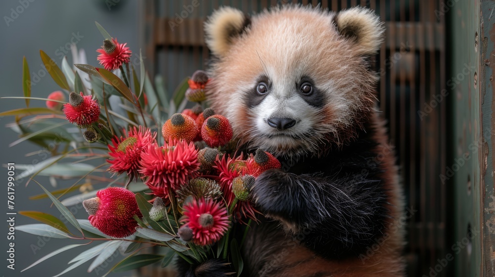 a panda bear holding a bunch of red flowers and looking at the camera with a sad look on his face. a panda bear holding a bunch of red flowers and looking at the camera with a sad look on his face.