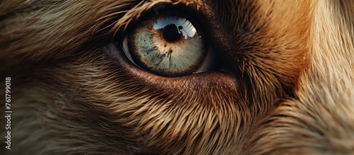 A closeup of a fawncolored carnivorous dog breeds eye with whiskers, fur, and a snout, looking directly at the camera. Terrestrial animal, companion dog, liver, falconiformes
