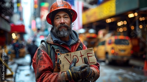 A man with a beard in a hard hat holds a sign that says vote