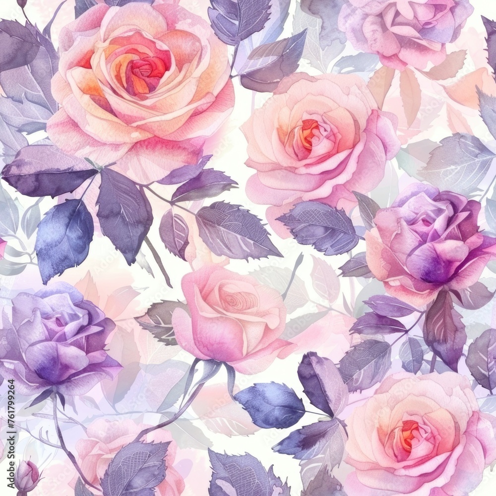 Seamless watercolor pattern with rose blossoms in pastel tones