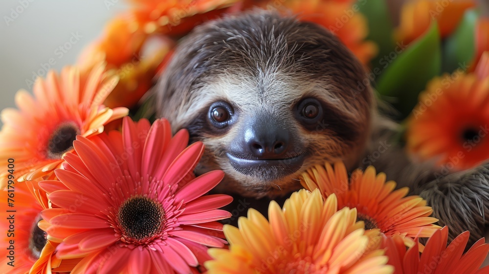 Naklejka premium a baby sloth sitting on top of a pile of flowers next to a bunch of orange and pink flowers.