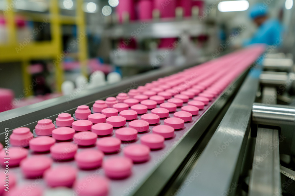Pharmaceutical Production Line with Pink Pills Pharmaceutical Production Line with Pink Pills