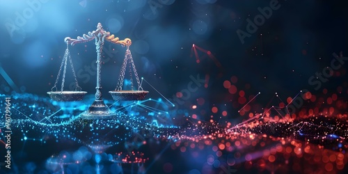 Symbolism of scales in the modern digital law concept depicting jurisprudence and justice system. Concept Law concept, Scales symbolism, Jurisprudence, Justice system, Modern digital approach photo
