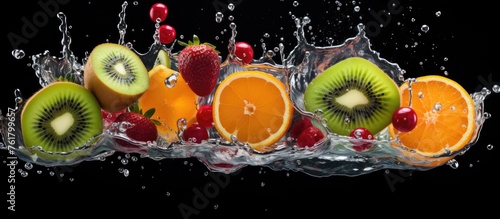 Various citrus fruits are splashing in water against a black backdrop, creating a visually captivating event of colorful entertainment for viewers