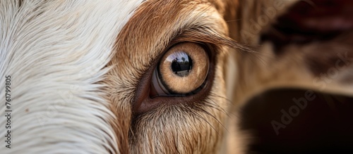 A closeup of a carnivores eye with long eyelashes, belonging to a fawncolored dog breed. The dogs livercolored snout and ear are also visible, portraying it as a working animal