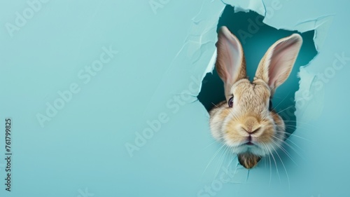 Rabbit peeking through torn blue paper - A curious rabbit peeks through a perfectly torn circular hole in a blue background, engaging the viewer