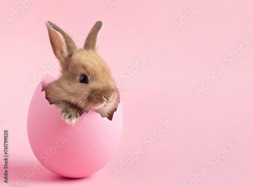 Cute Easter bunny hatching from pink Easter egg isolated on pastel pink background © D'Arcangelo Stock