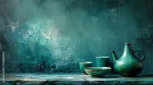 Painting of Green vases and bowls on a table against blue wall with copy space