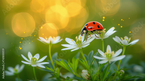 Ladybug perched on top of blooming stellaria holostea flower photo