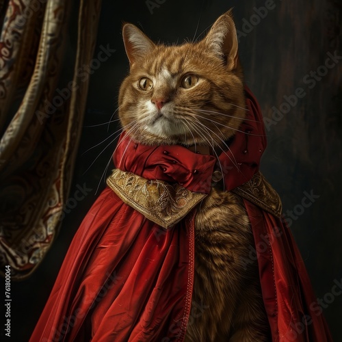 Noble Medieval Cat, Imitation of Van Dyck, Proud Cat in a Red Cloak, Generative AI Illustration © artemstepanov