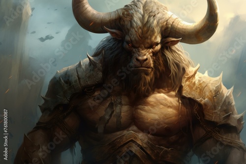 Mythical Minotaur myth with man warrior illustration. Evil beast creature near rock cave. Generate Ai